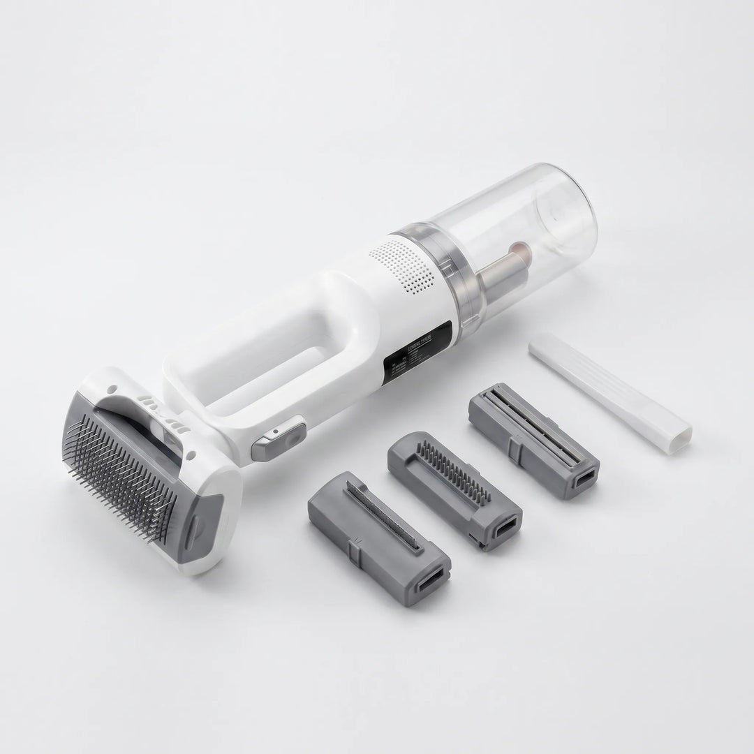 Cepillo aspirador inalámbrico para mascotas, ideal para acicalar y recoger pelo en sofás y alfombras.