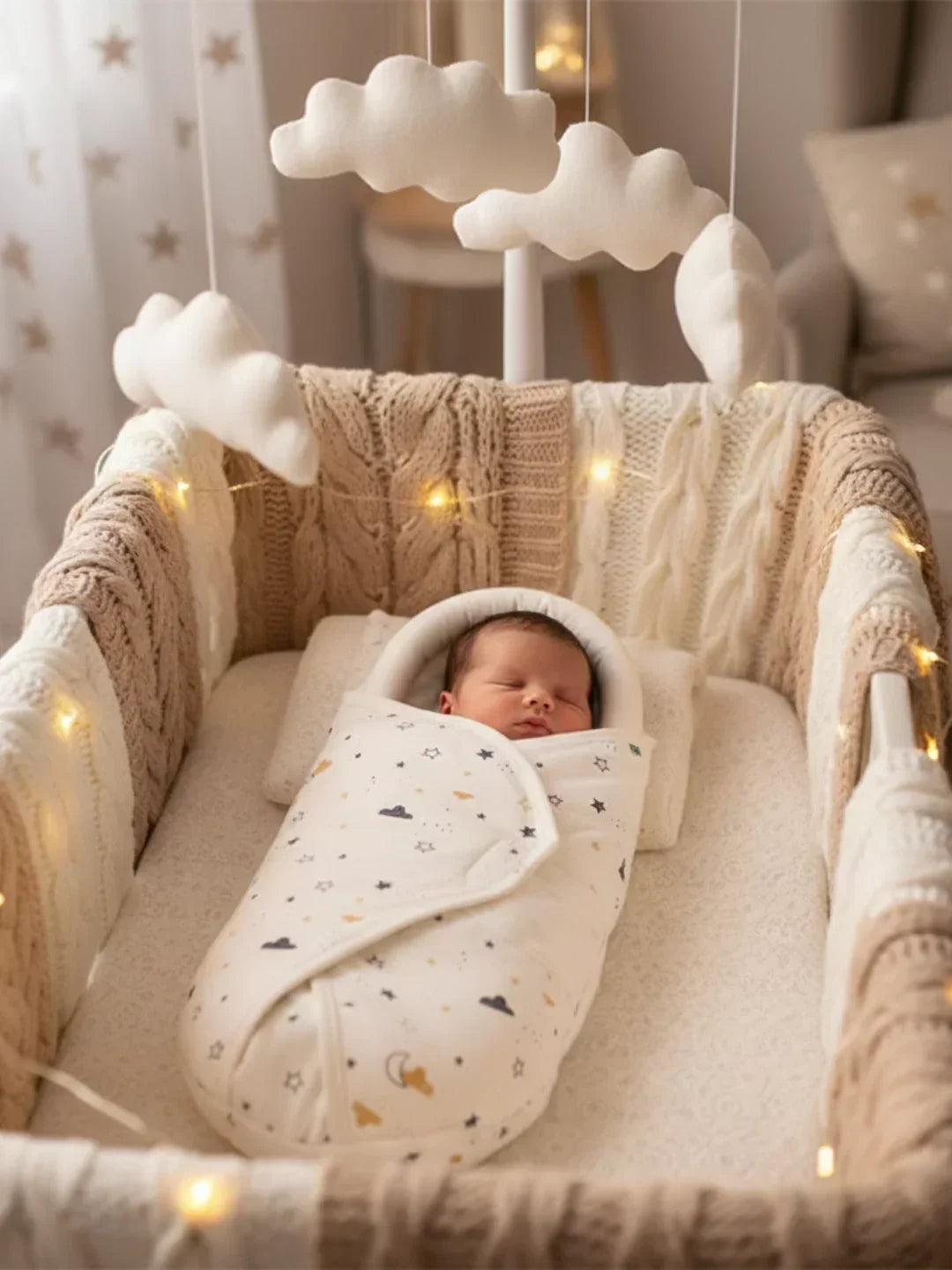 Manta de algodón suave con capucha para arrullar a bebés, diseño adorable de estrellas.