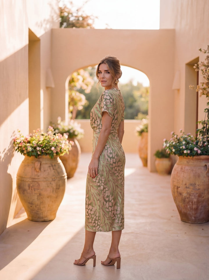 Moda femenina: vestido midi fluido color cobre, estilo elegante y cómodo para mujer.