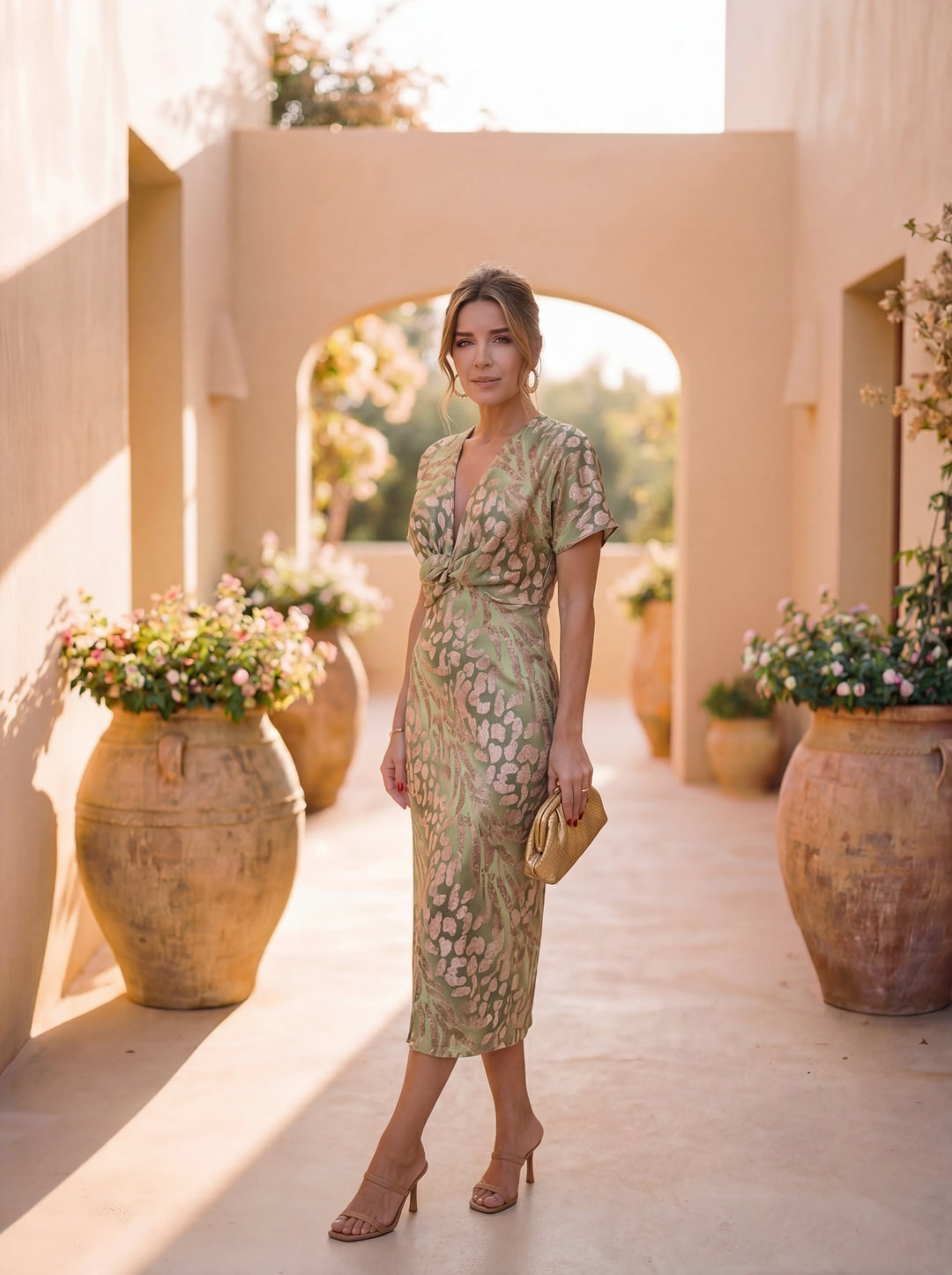 Vestido midi versátil color cobre, ideal para un look casual de día o evento formal.