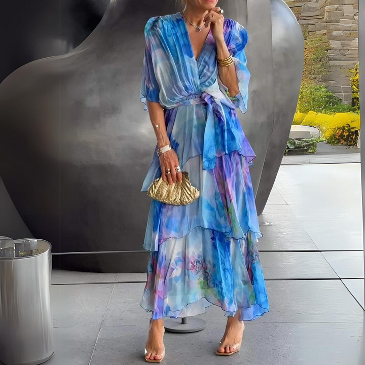 Vestido largo de fiesta elegante para mujer, diseño cruzado con capas. Ideal para bodas e invitadas.