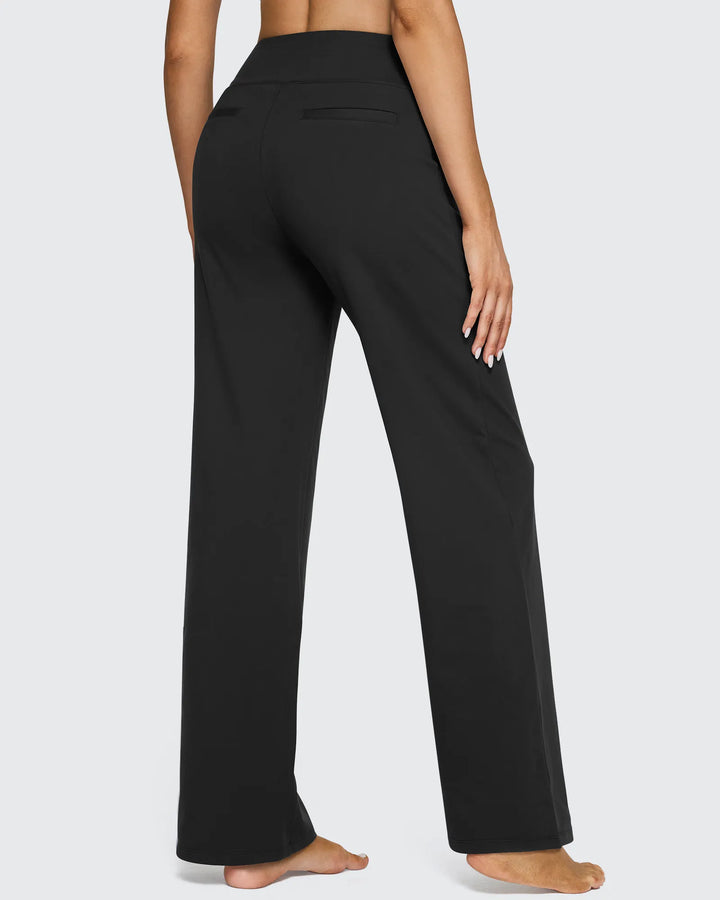 Pantalones de mujer tiro alto, pierna ancha, con bolsillos, para un estilo relajado con encanto.