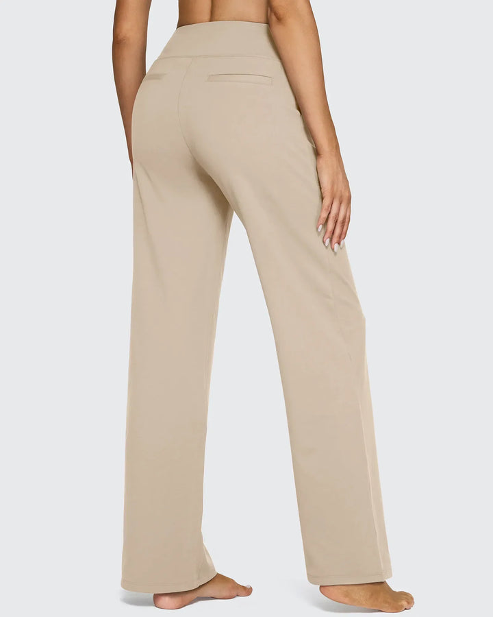 Pantalones de mujer tiro alto pierna ancha con bolsillos, ideales para un look comfy chic.