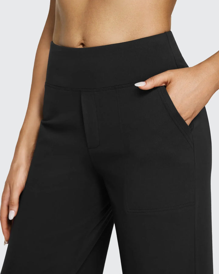 Moda sostenible: pantalones tiro alto, pierna ancha, bolsillos, un estilo duradero y funcional.