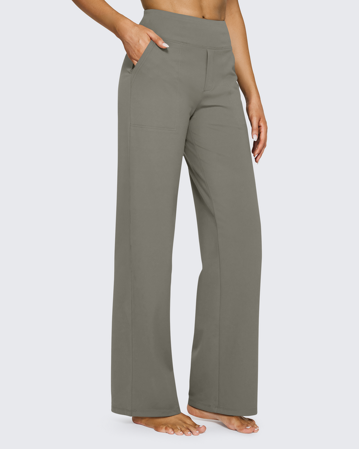 Pantalones de mujer, pierna ancha, tiro alto, bolsillos, perfectos para un outfit desenfadado.