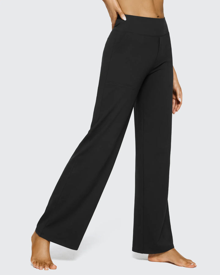 Pantalones femeninos, tiro alto, pierna ancha y bolsillos, un básico que combina con todo.