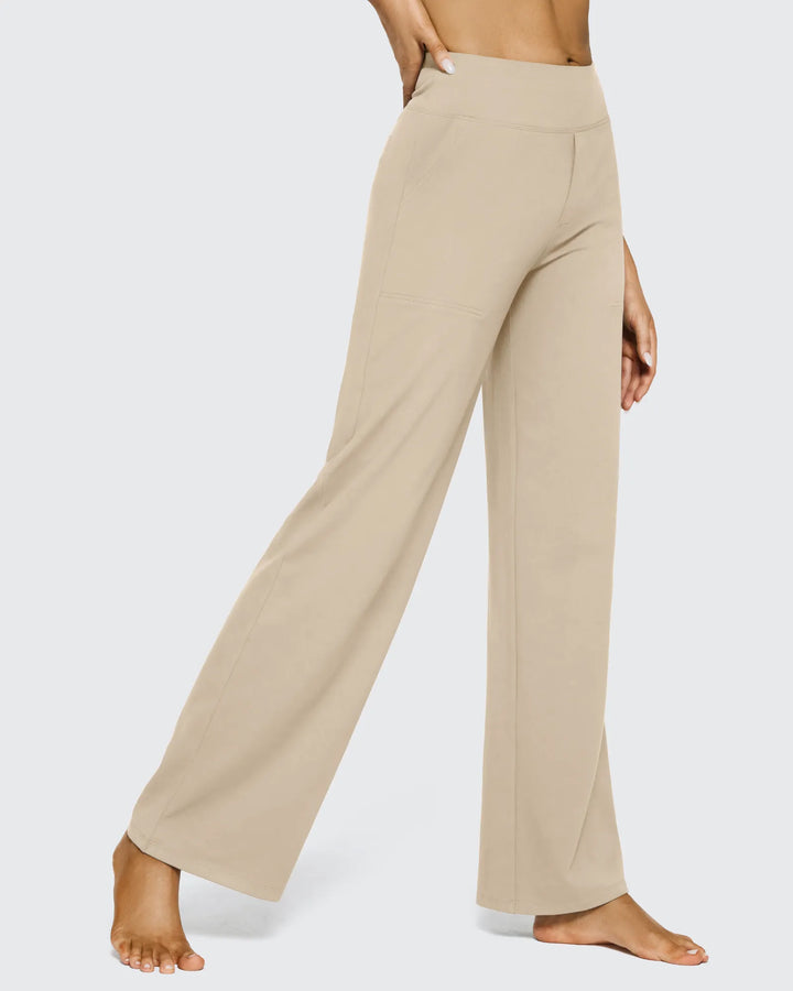 Pantalones de mujer, corte recto, pierna ancha, tiro alto y bolsillos, versátiles y modernos.