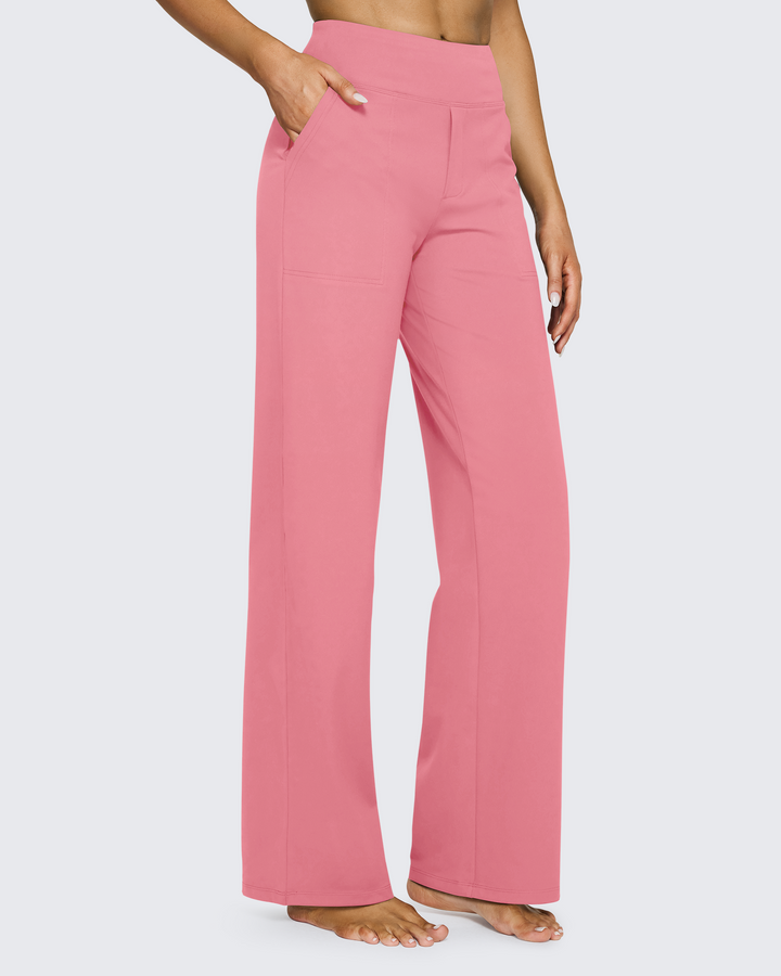 Pantalones de mujer tiro alto pierna ancha con bolsillos, para un look sofisticado y relajado.