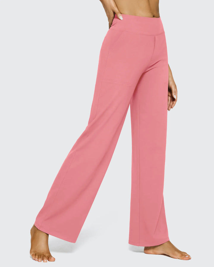Pantalones de mujer, tiro alto, pierna ancha, bolsillos, comodidad que no sacrifica el estilo.