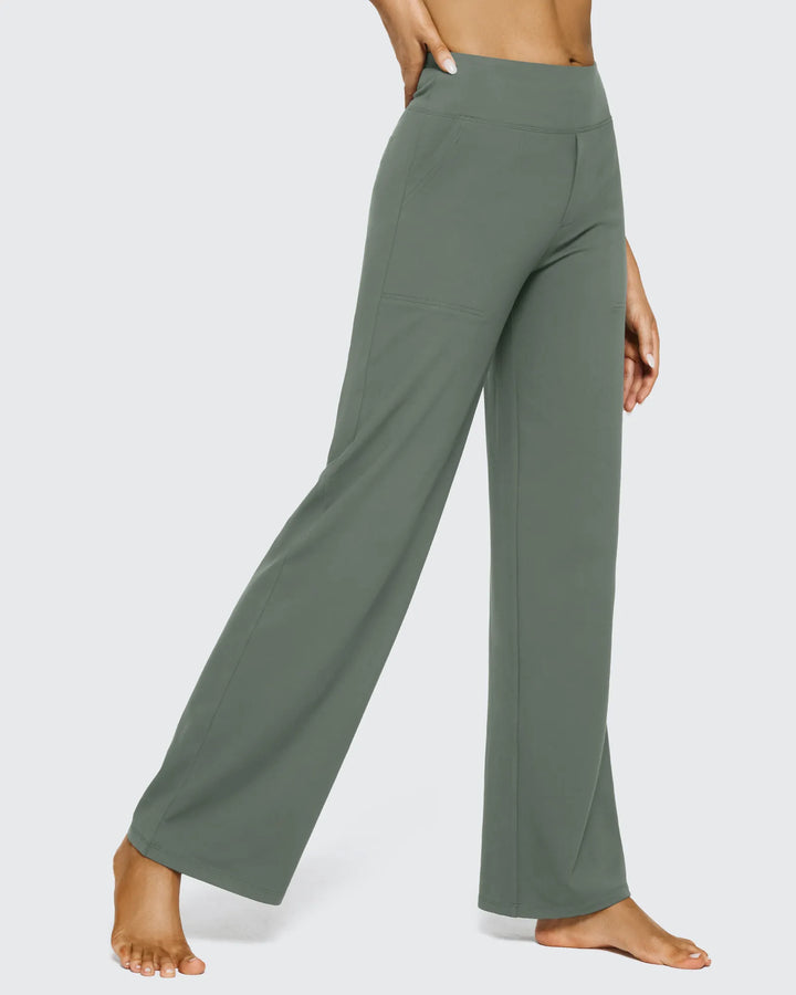 Confortables pantalones de mujer, tiro alto, pierna ancha y bolsillos, para un look sin esfuerzo.