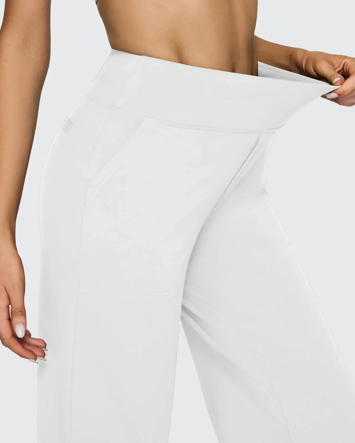 Pantalones de mujer, tiro alto, pierna ancha, bolsillos, cómodos para viajar o el día a día.