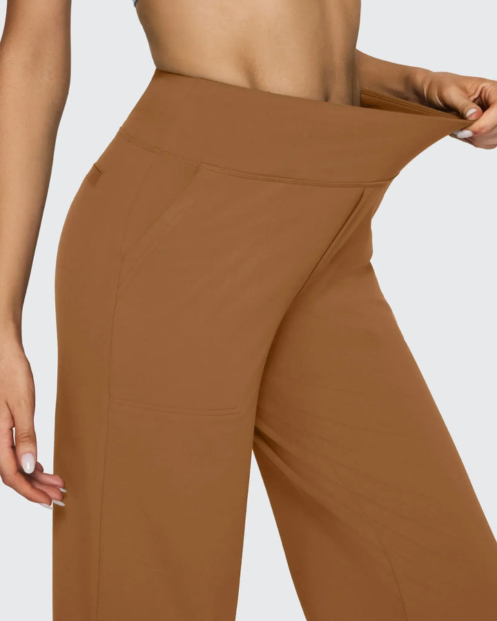 Pantalones de mujer tiro alto pierna ancha con bolsillos, diseño favorecedor y muy actual.
