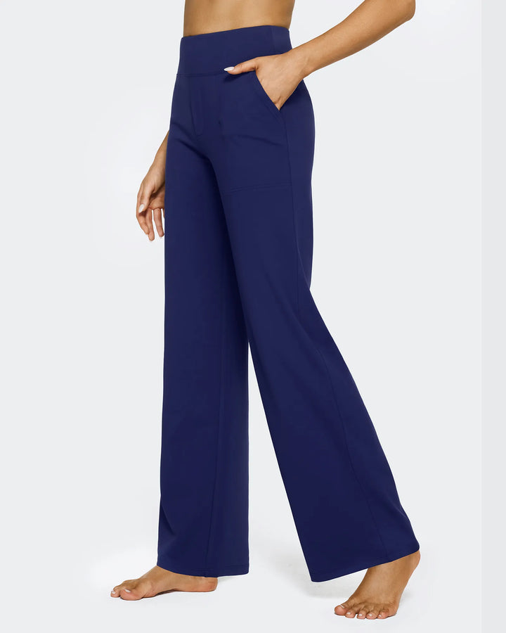 Pantalón femenino tiro alto, pierna ancha, bolsillos, ideal para la primavera y el verano.
