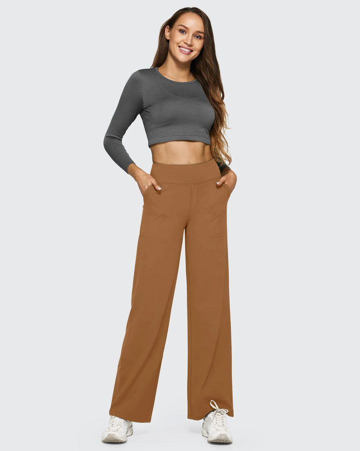 Pantalones de mujer tiro alto pierna ancha con bolsillos, para un look juvenil y moderno.
