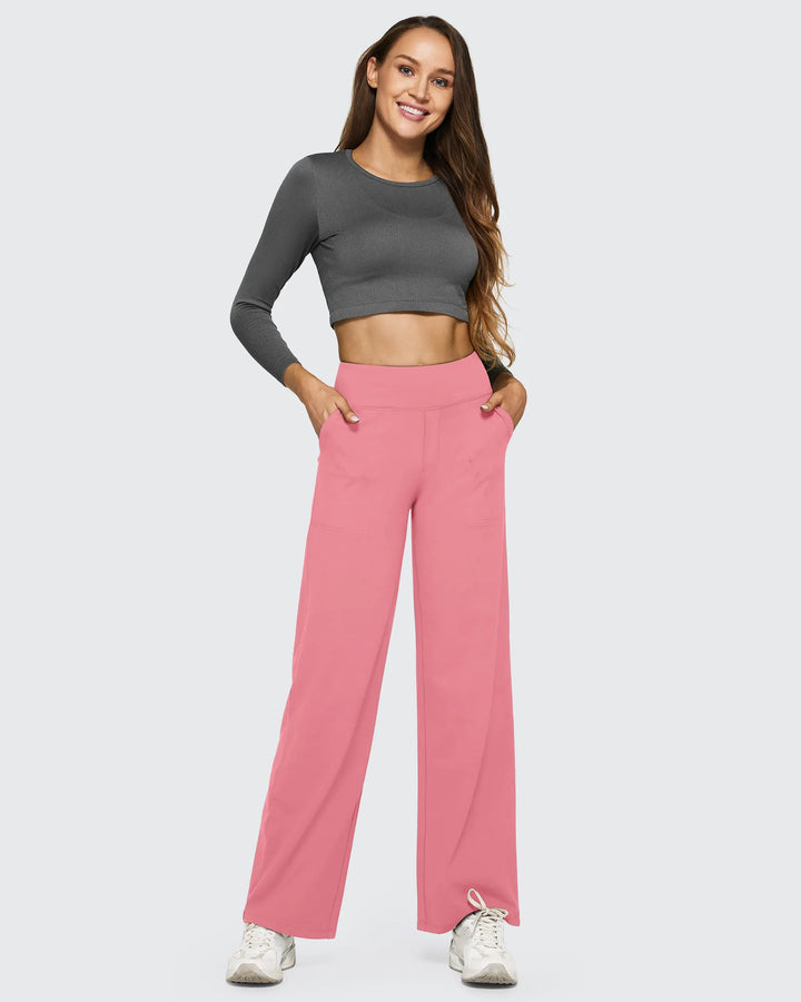 Pantalón femenino, tiro alto, pierna ancha, bolsillos, que ofrece un ajuste perfecto y cómodo.