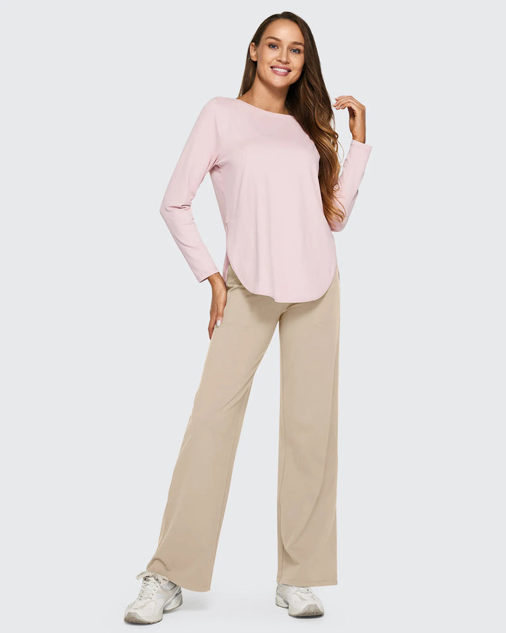 Moda práctica: pantalones tiro alto, pierna ancha, bolsillos, para un look fácil y elegante.