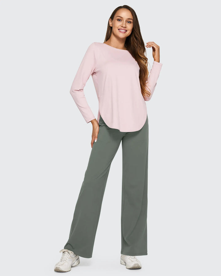 Pantalones de mujer tiro alto pierna ancha con bolsillos, ideales para un look minimalista.