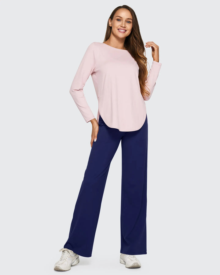 Pantalón femenino, tiro alto, pierna ancha, bolsillos, ideal para crear diferentes atmósferas.