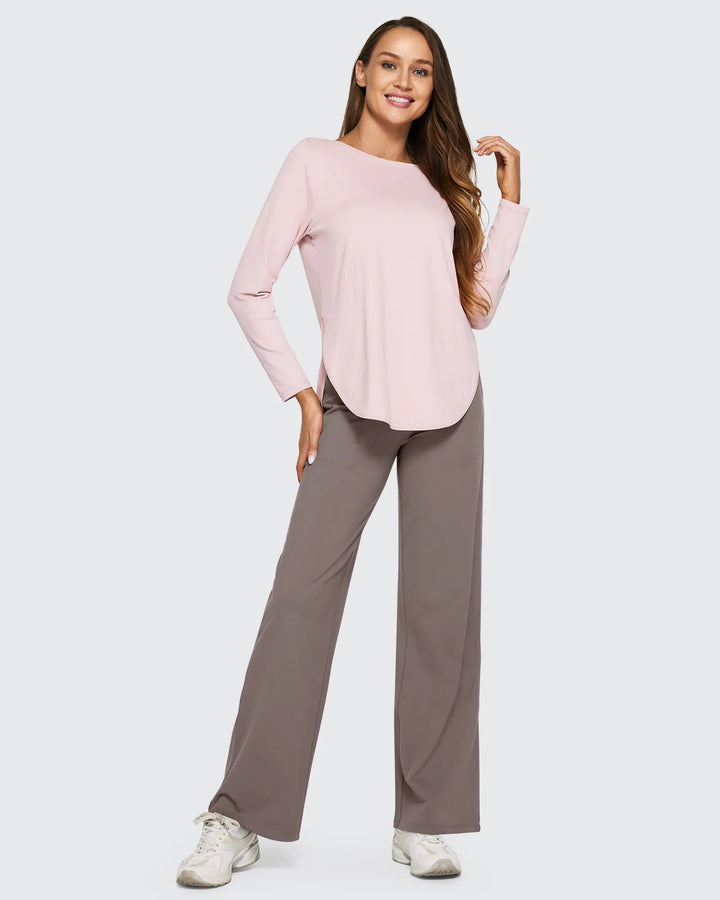 Pantalones de mujer, tiro alto, pierna ancha, bolsillos, que se adaptan a tu ritmo de vida.