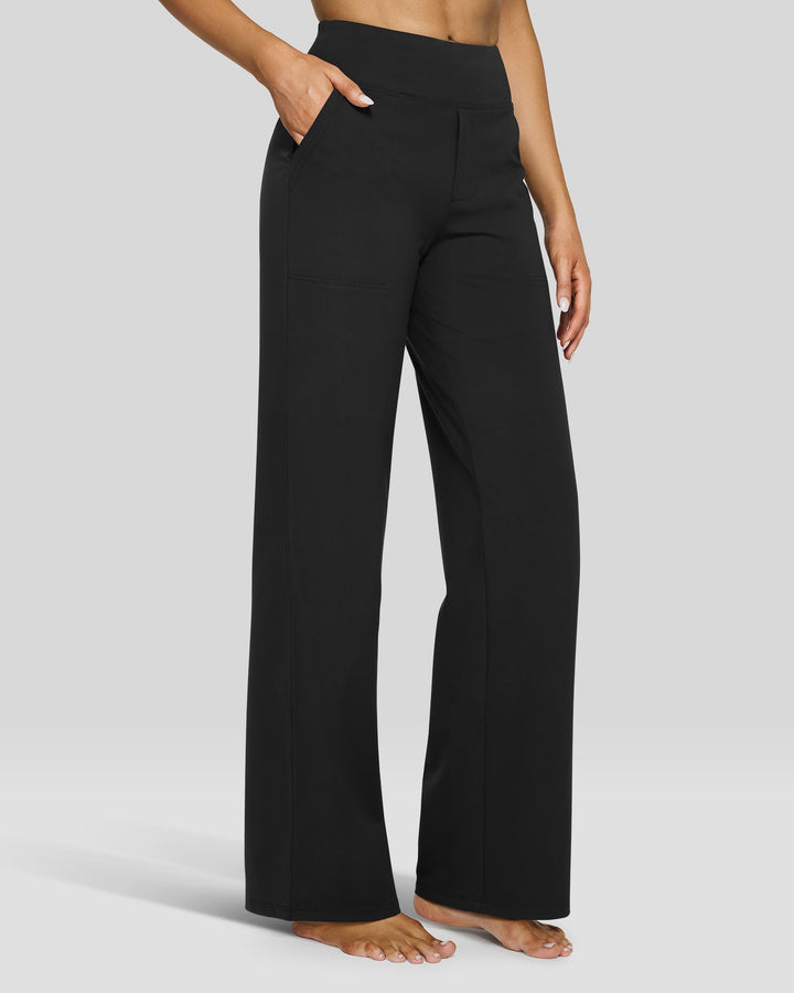 Pantalones de mujer tiro alto pierna ancha con bolsillos, estilo casual y cómodo.