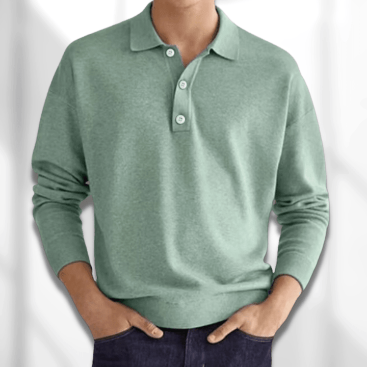 Suéter polo de manga larga para hombre. Diseño abotonado, perfecto para un estilo casual o elegante en invierno.