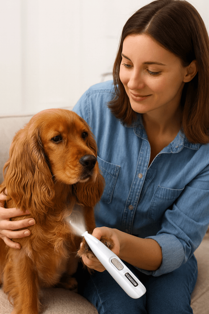 Recortadora portátil USB recargable para mascotas. Ideal para el cuidado de perros y gatos sensibles sin estrés.
