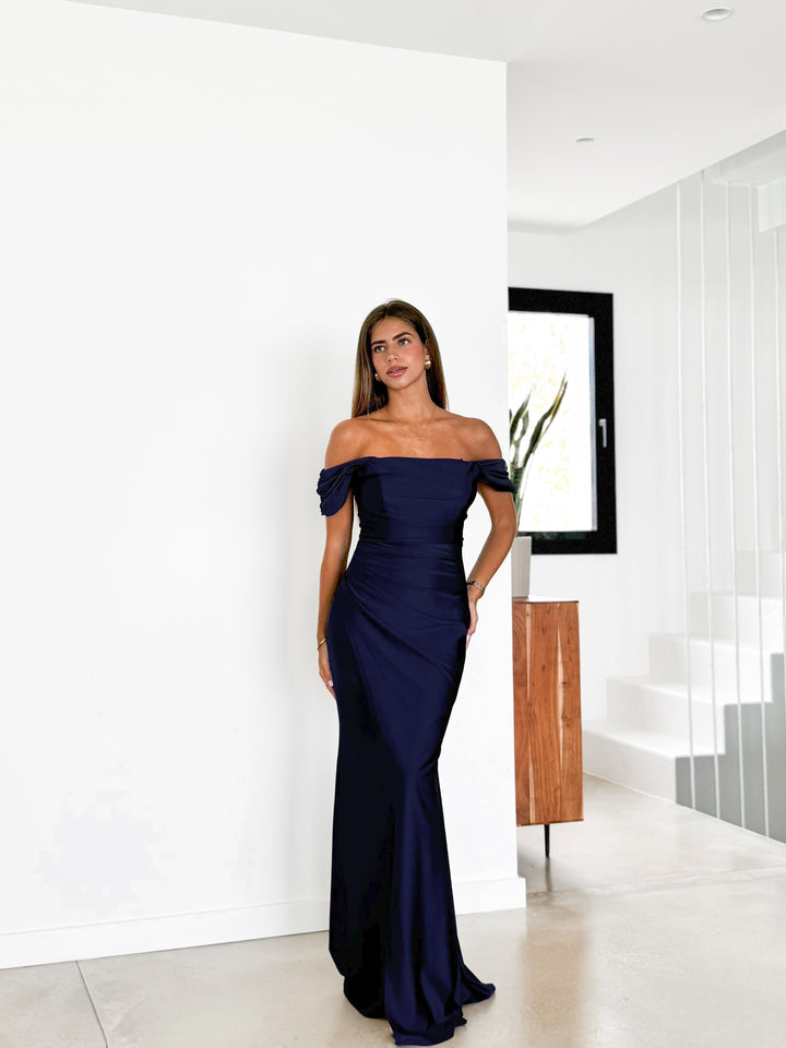 Vestido de fiesta sirena marino, elástico, con copas integradas y tirantes. Estilo moderno para mujer.