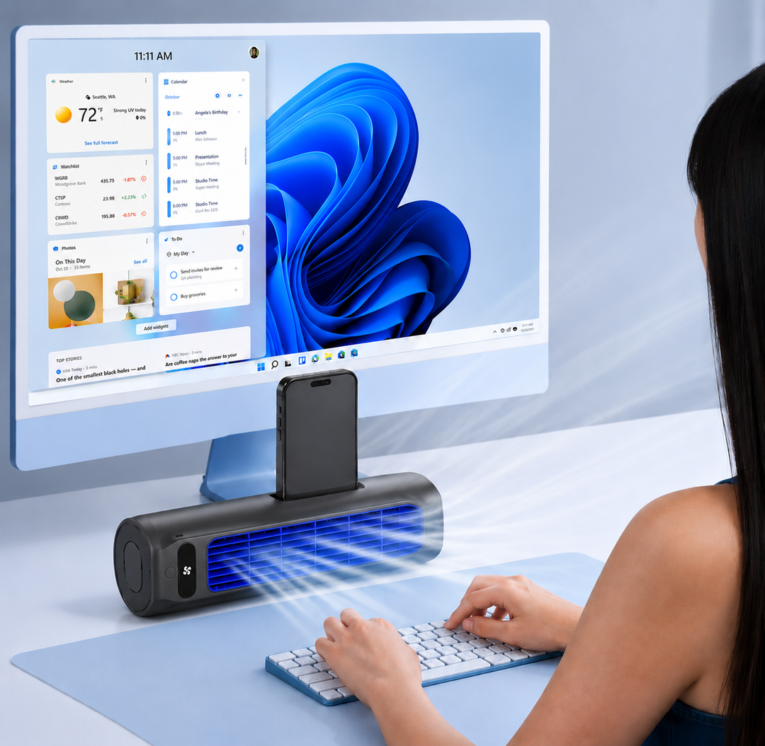 Aire acondicionado personal conectado a USB-C. Recarga rápida y conveniencia sin cables.