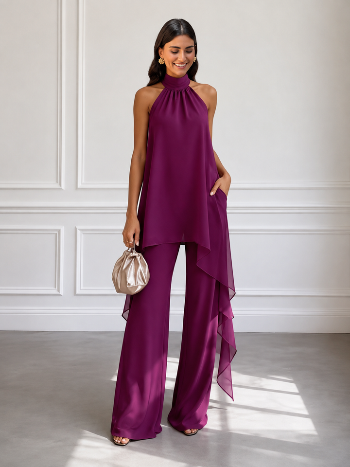 Conjunto morado palabra de honor para mujer, elegante para fiesta. Incluye top y pantalón palazzo.