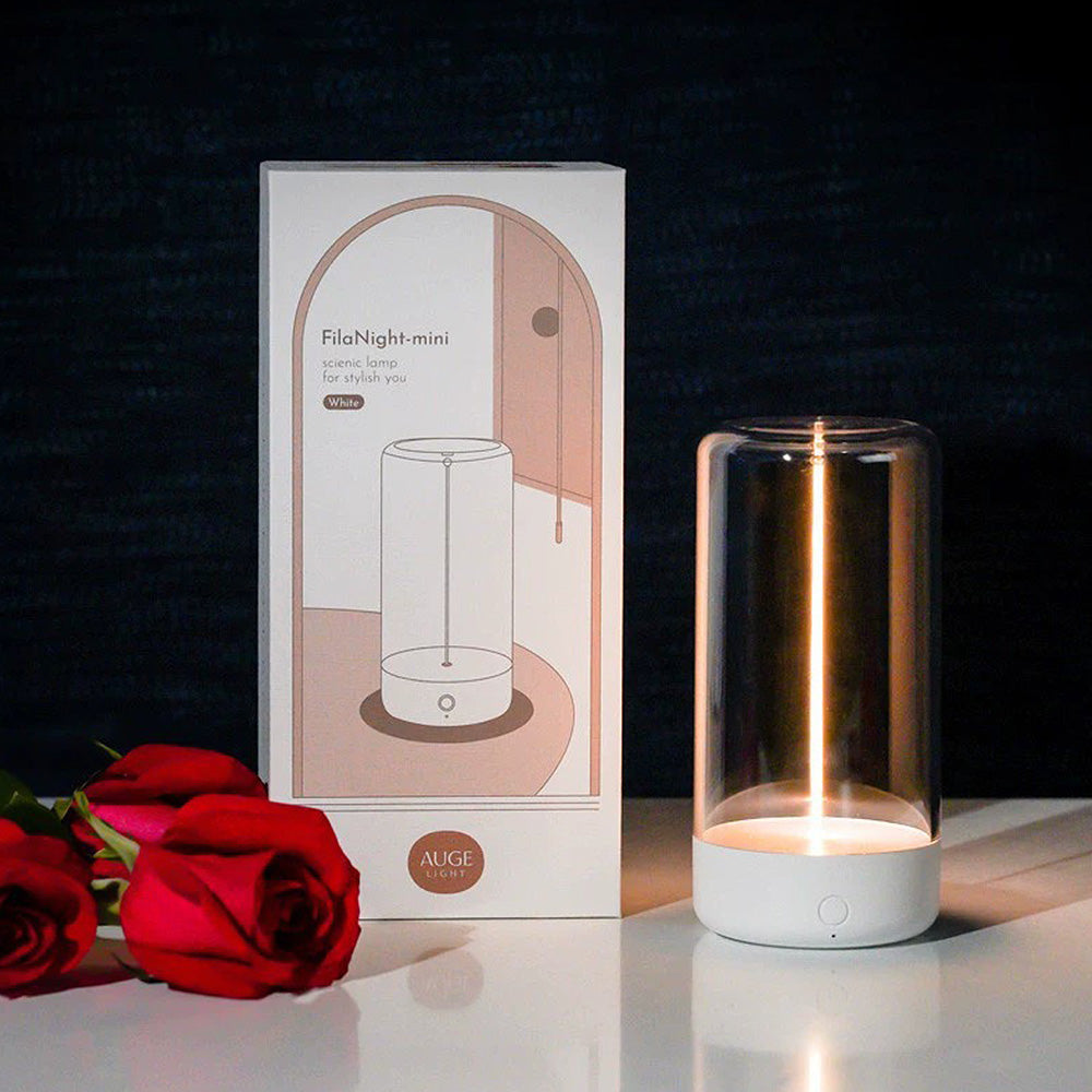 Lámpara de mesa portátil LED con batería recargable, diseño moderno y luz ambiente.
