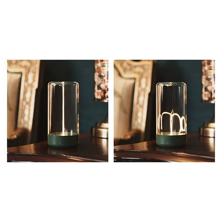 Decoración con lámpara LED inalámbrica cilíndrica, luz ambiente cálida y versátil.