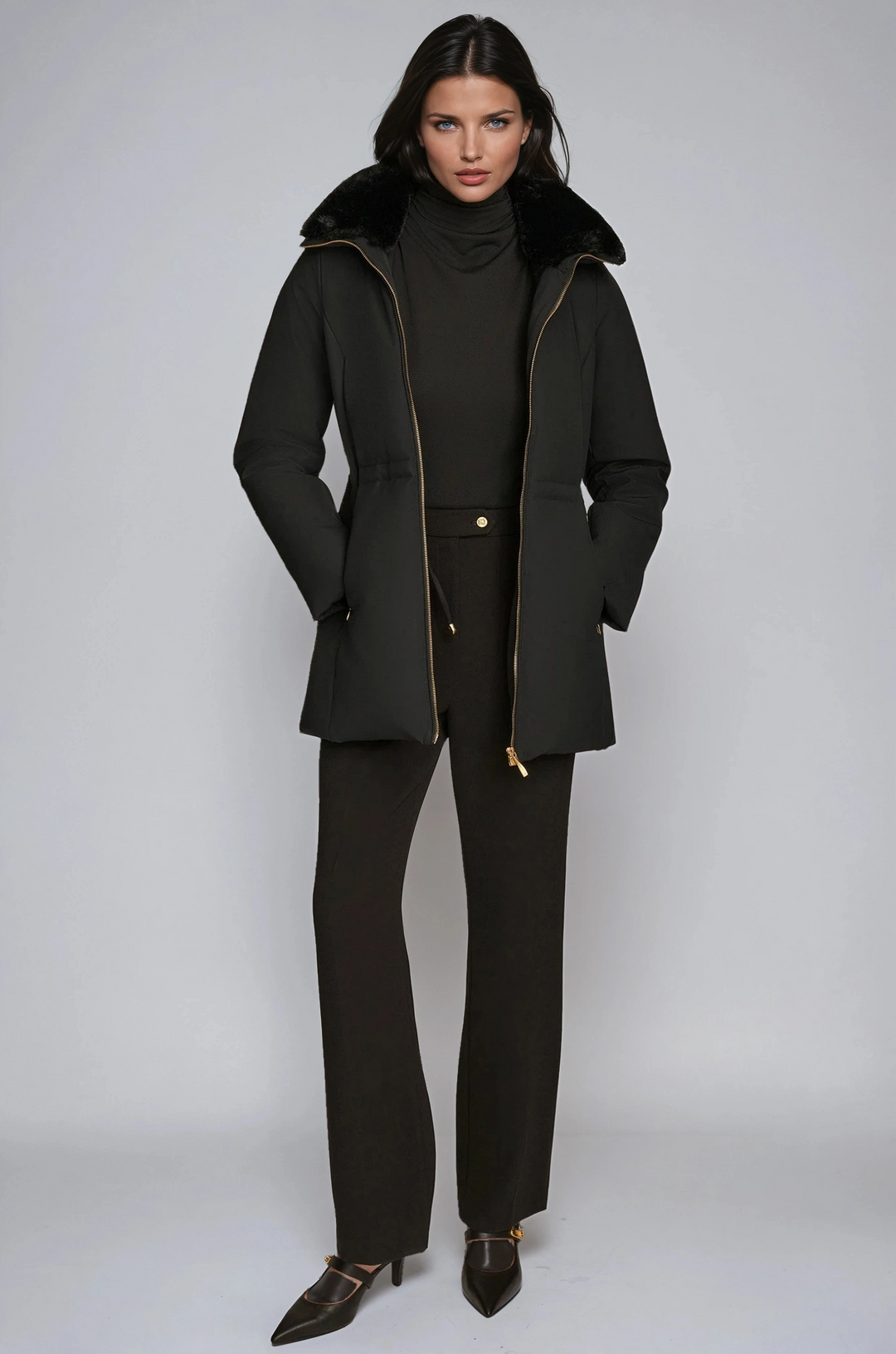 Mujer luciendo abrigo acolchado de invierno, combina protección y elegancia para el frío.
