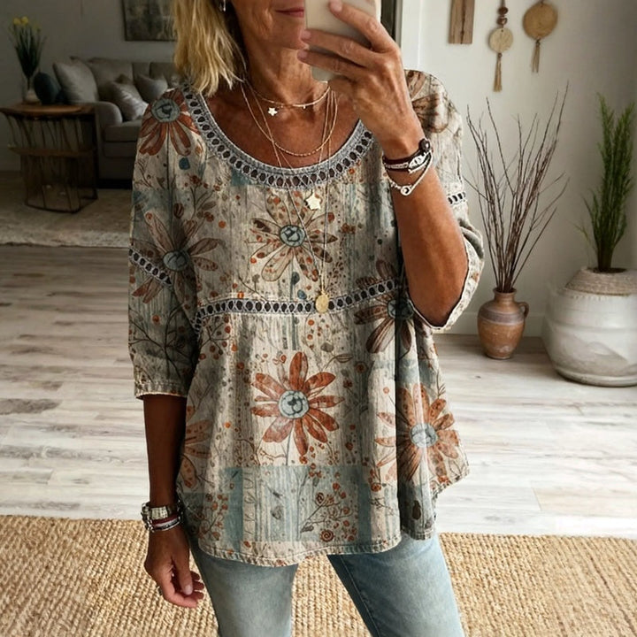 Blusa floral vintage multicolor para mujer, cuello redondo, ligera y transpirable, moda casual verano.