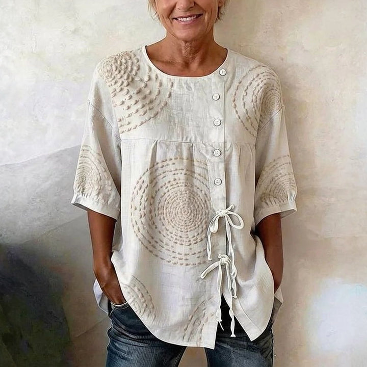 Blusa holgada vintage beige bordada para mujer, estilo casual elegante, perfecta para el verano.