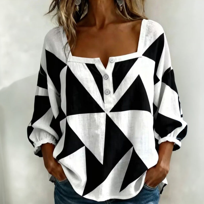 Blusa casual de mujer con estampado geométrico moderno. Prenda cómoda, ligera y versátil de manga larga.