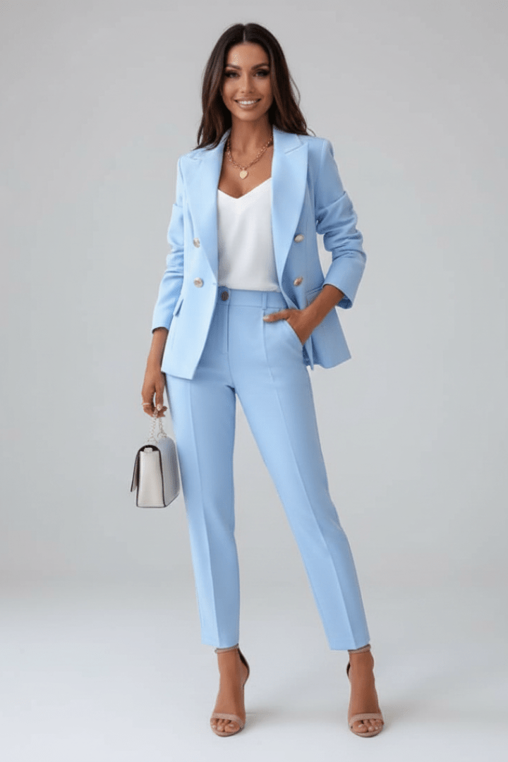 Conjunto de traje blazer y pantalón elegante para mujer. Ideal para oficina y look ejecutivo profesional.