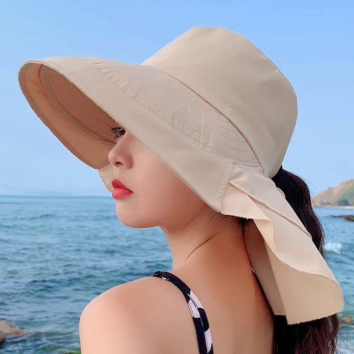 Sombrero de sol plegable para mujer, con ala ancha y protección UV. Ideal para playa y verano.