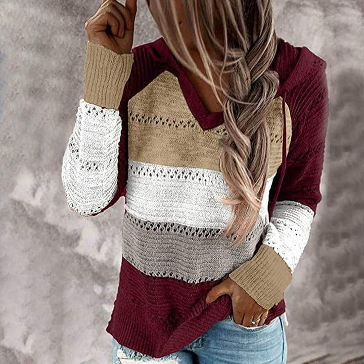 Jersey de mujer elegante a rayas con cuello en pico, perfecto para otoño e invierno. Ropa femenina cómoda y básica.