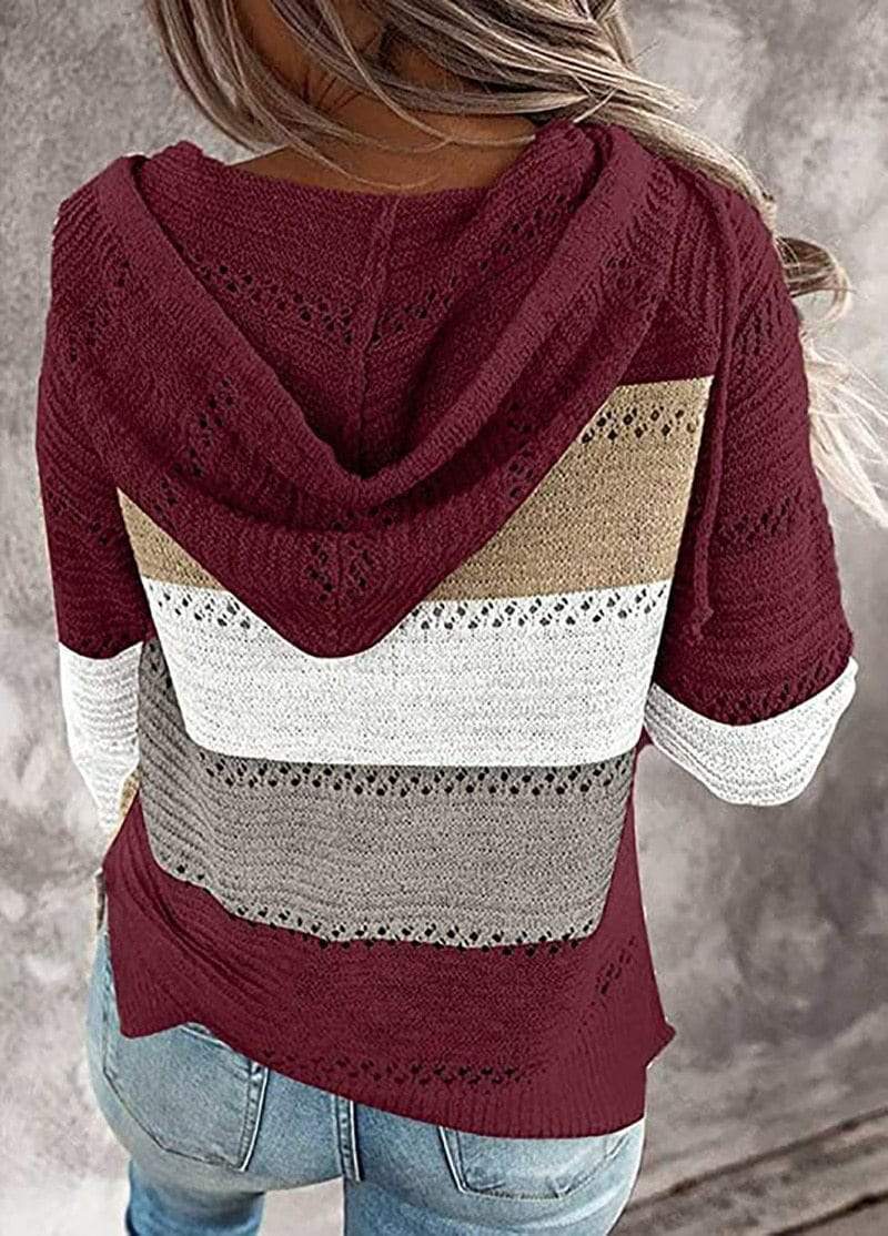 Suéter de mujer casual con diseño de rayas y cuello en V. Ideal para moda femenina y comodidad diaria en otoño.