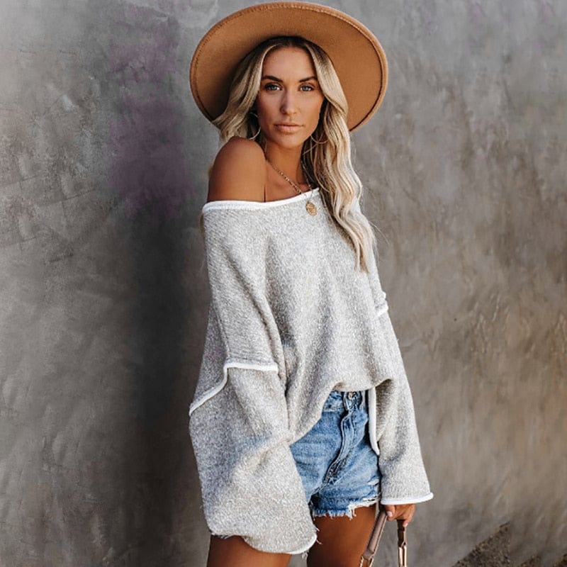 Jersey mujer hombros descubiertos, manga larga. Suéter elegante y cómodo para moda femenina casual o de noche.
