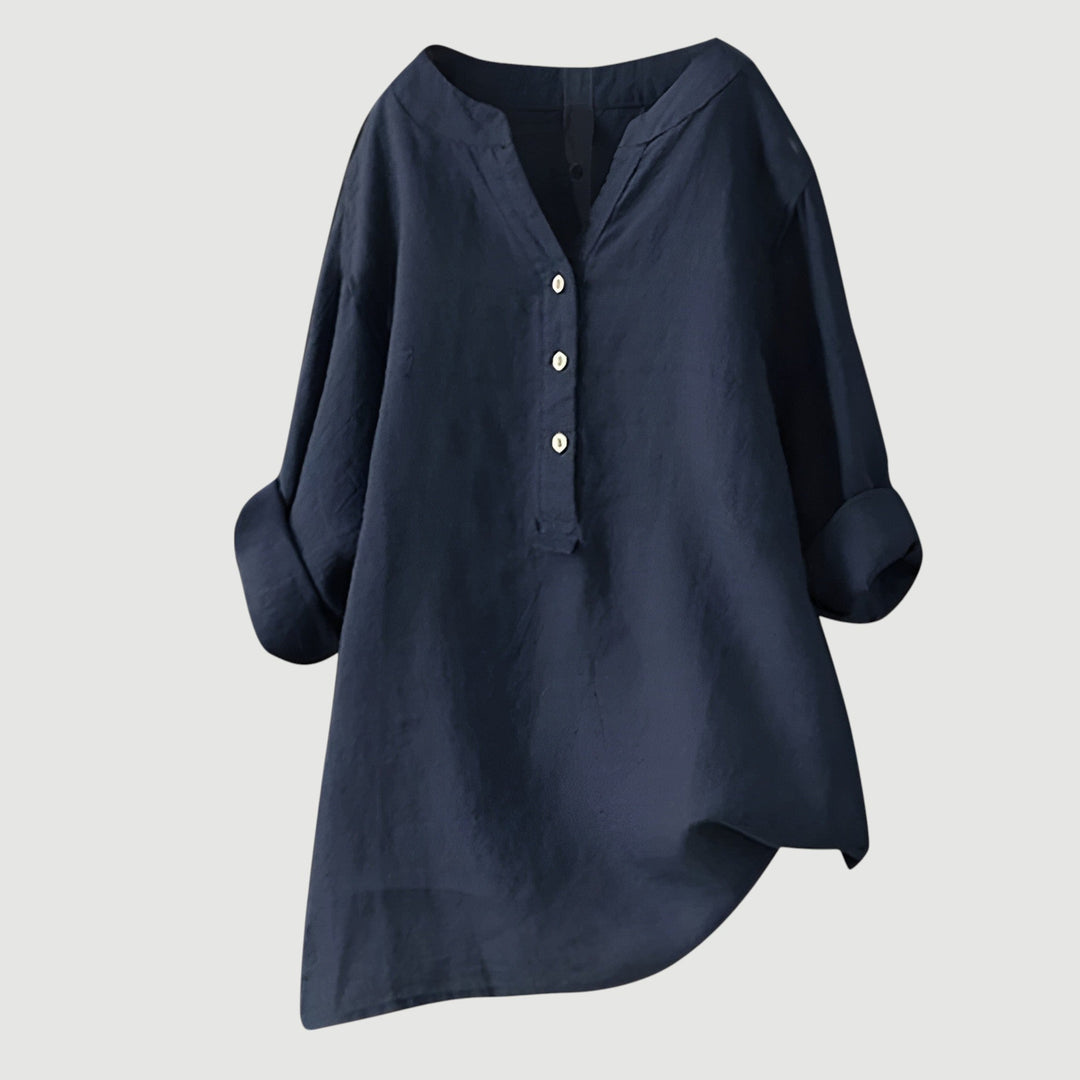 Top elegante de mujer, cuello V, manga larga. Blusa túnica para moda casual.
