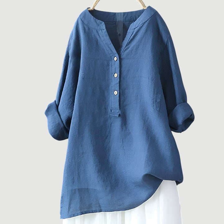 Blusa túnica moderna de mujer, cuello V, manga larga, estilo relajado para cualquier ocasión.