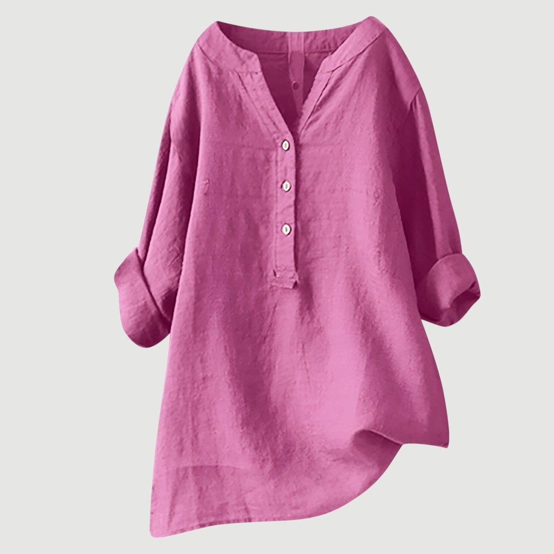 Blusa túnica de mujer, cuello V, manga larga. Ropa femenina versátil y relajada.