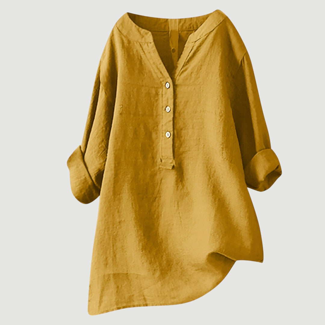 Blusa mujer cuello V, manga larga, túnica. Top elegante para un estilo casual chic.