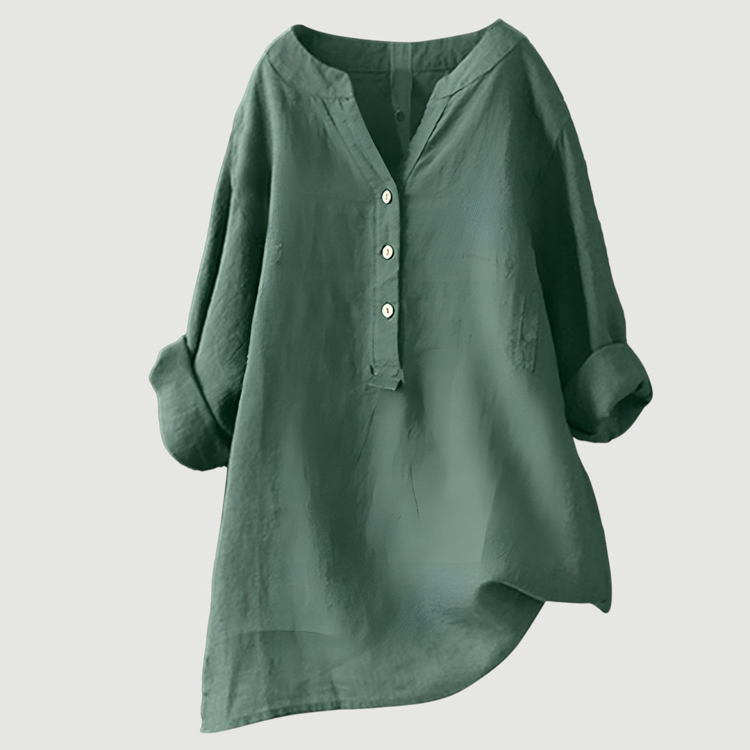 Blusa túnica de mujer, cuello V, manga larga. Top elegante para moda casual.