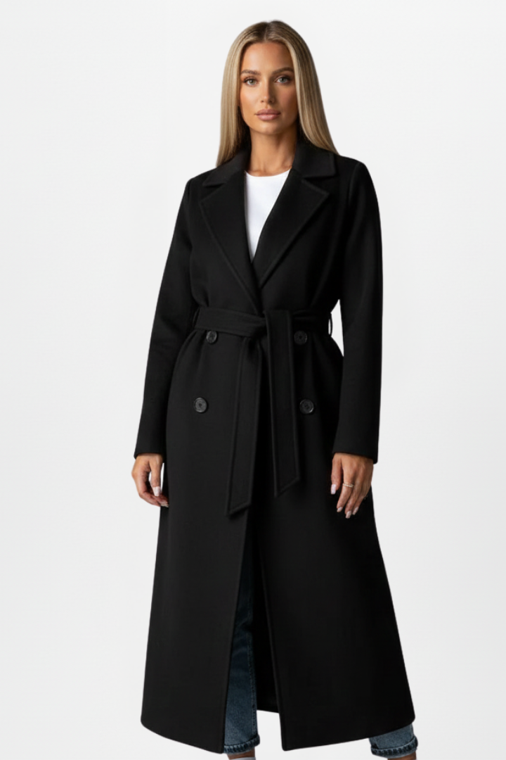 Gabardina larga femenina, cruzada, con cinturón. Ideal para un look de moda.