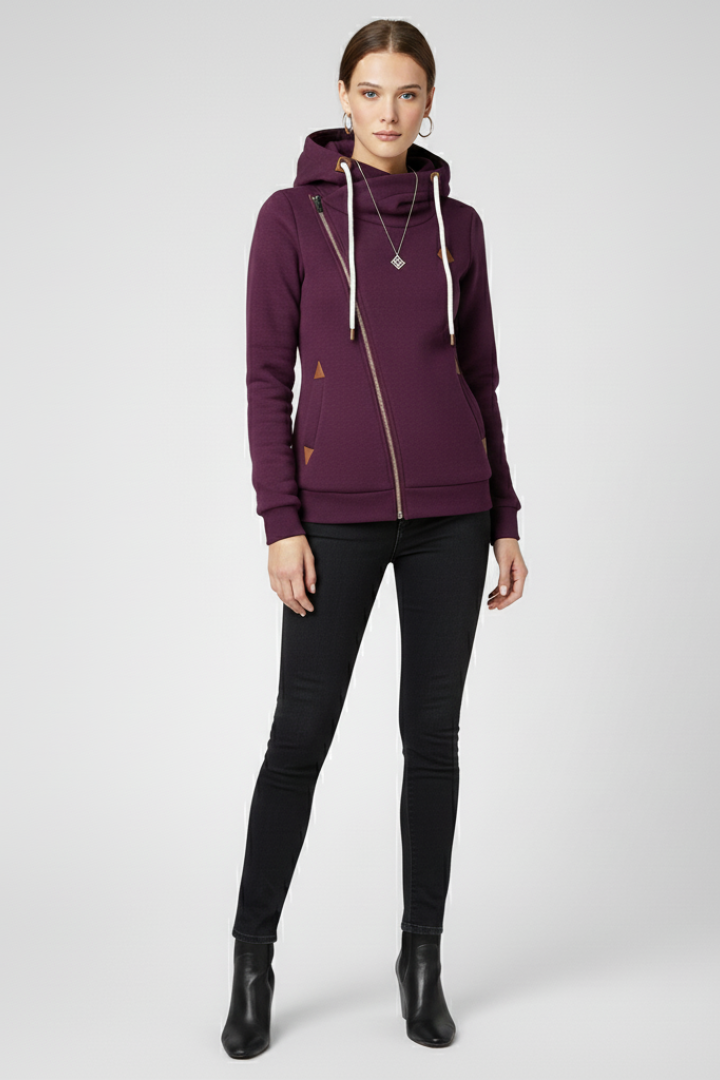 Sudadera de mujer con capucha y corte asimétrico. Estilo urbano contemporáneo, ideal para primavera y otoño.