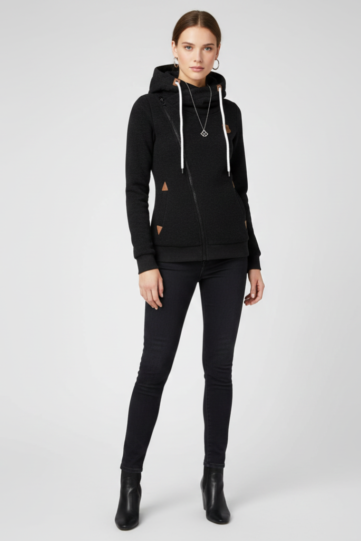 Sudadera con capucha asimétrica para mujer, estilo urbano moderno. Ideal para otoño e invierno, muy confortable.