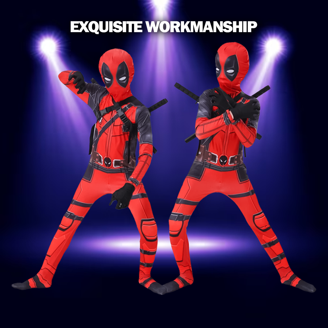 Niño con mameluco de cosplay de Deadpool, posando como superhéroe para fiesta de Halloween o carnaval.