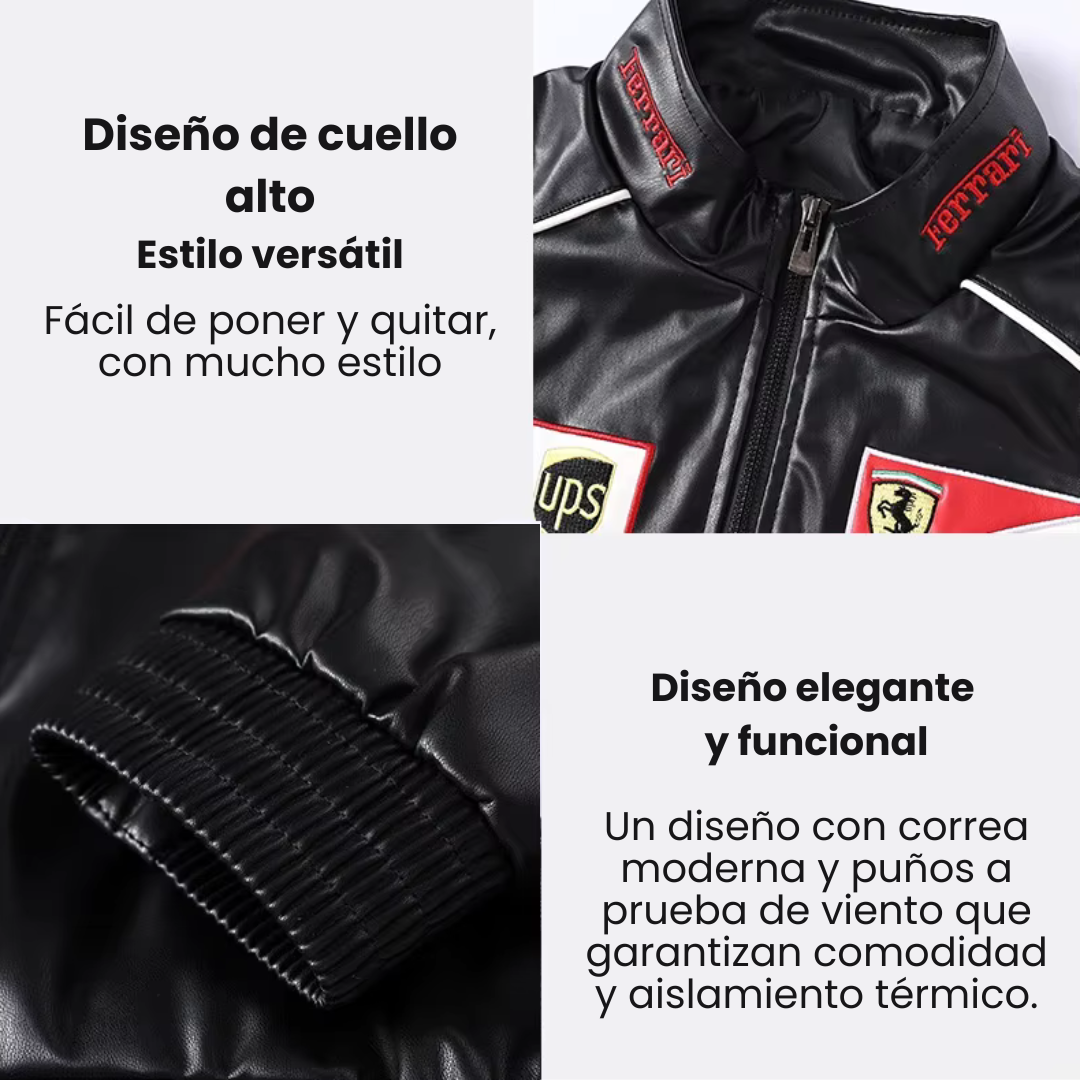 Chaqueta motera de cuero vintage unisex. Estilo carreras, color oscuro, ideal para un look deportivo retro.